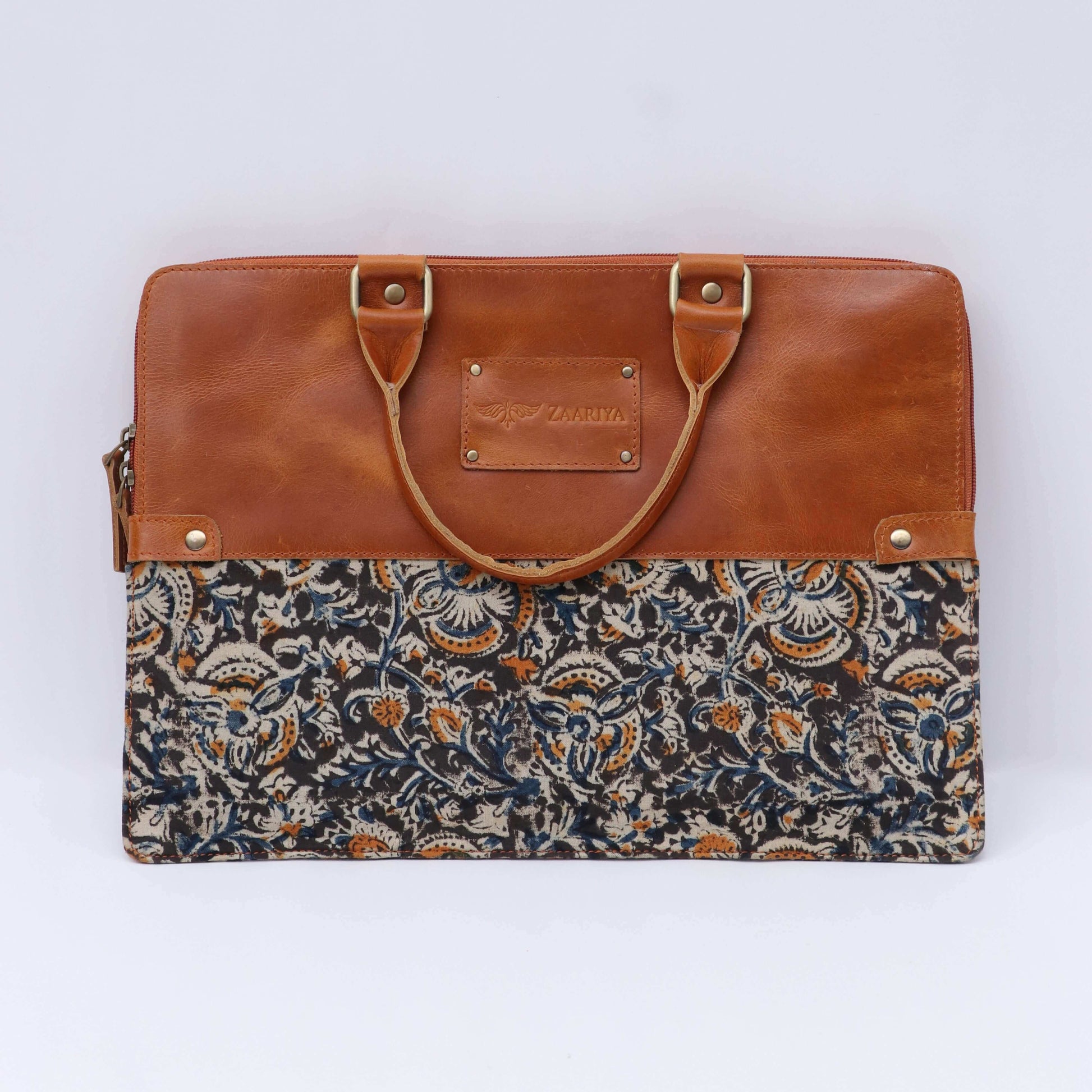 Hand Held Leather with block print laptop sleeve Dark Blue on the white BackGround