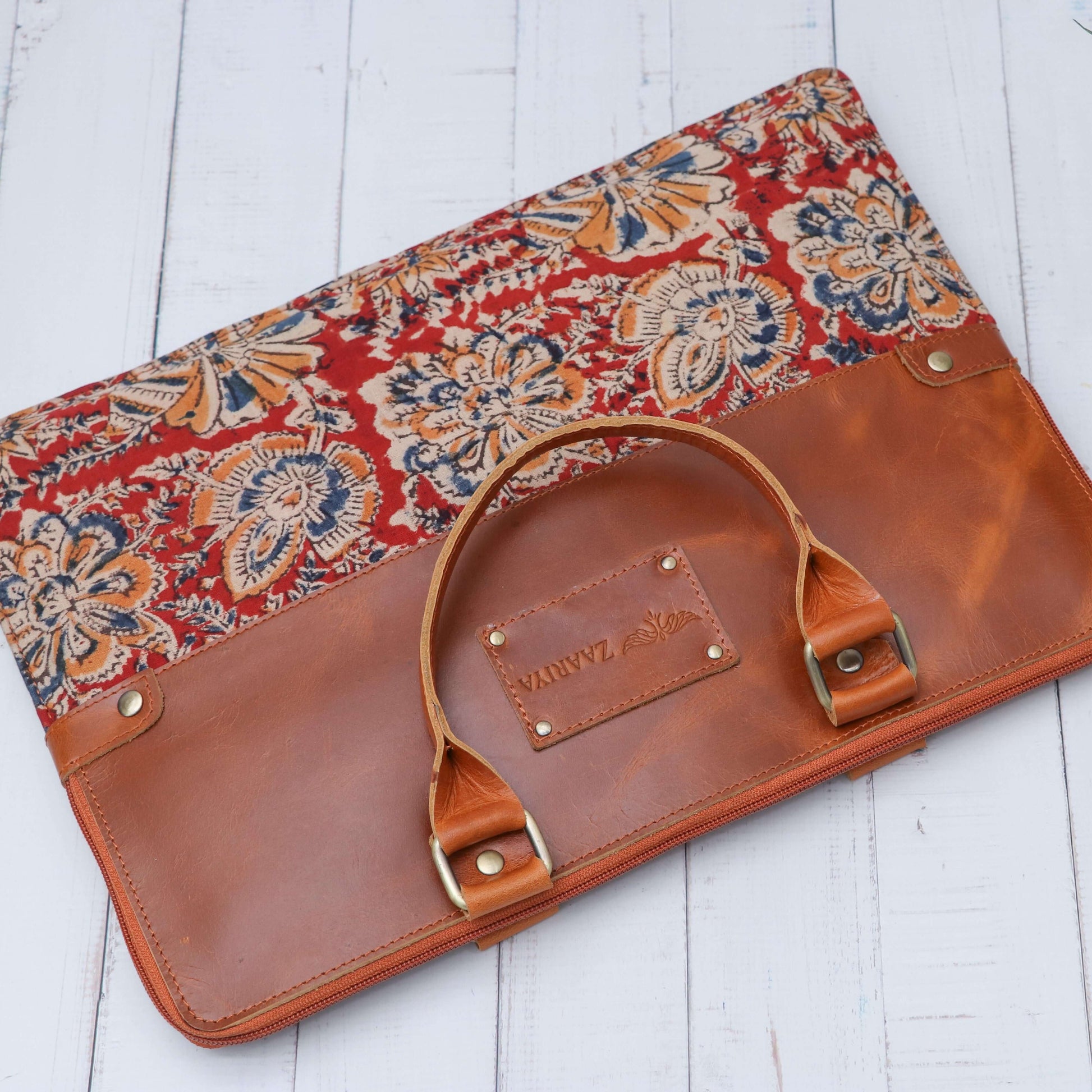 Hand Held Leather with block print laptop sleeve bag