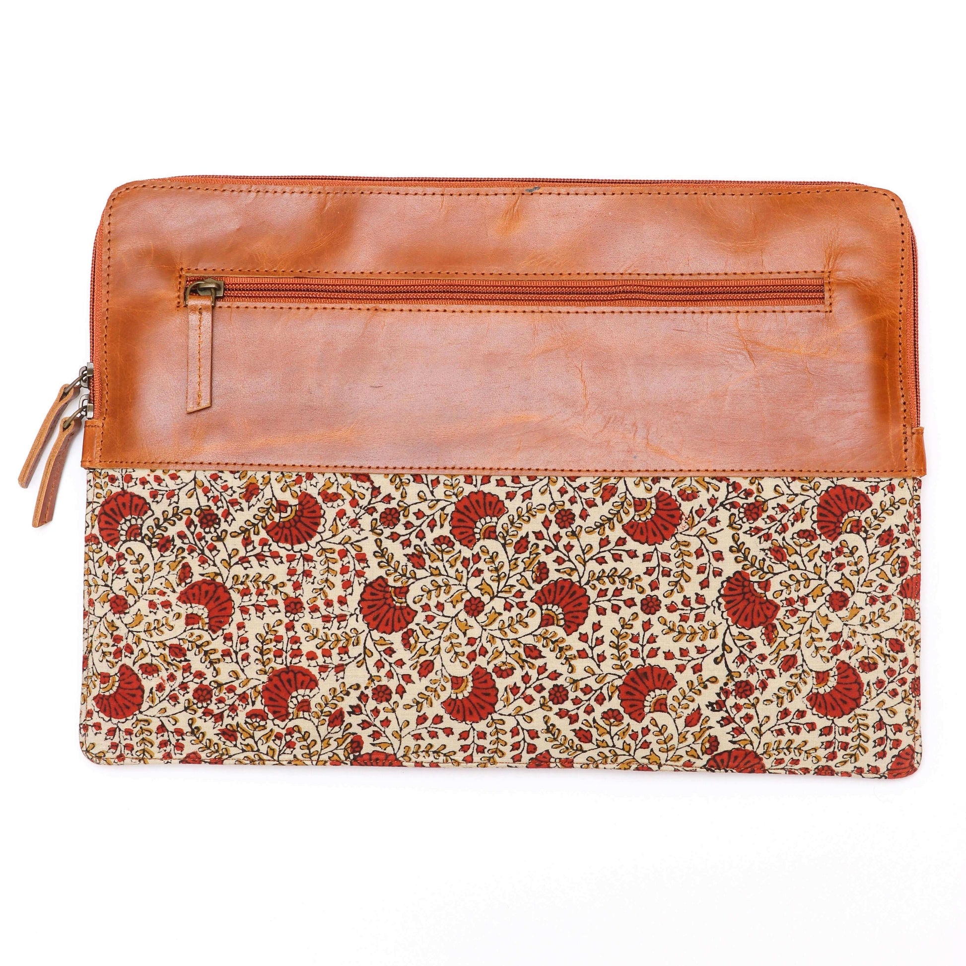 Leather bag with block print laptop sleeve Floral