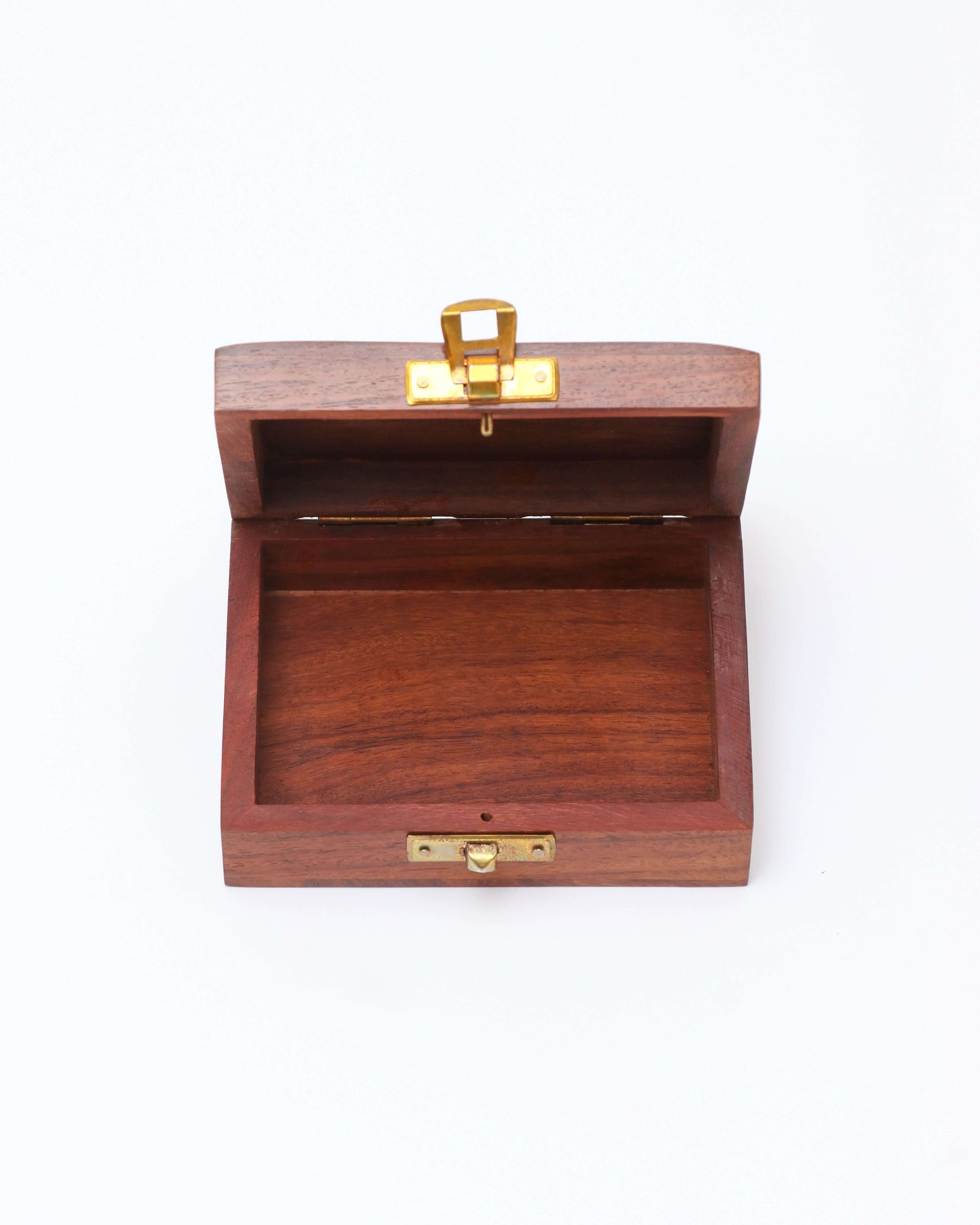 An open, handcrafted wooden jewelry box with a natural reddish-brown finish, shown from the front. The box is rectangular with a simple brass latch on the front and hinges on the back.