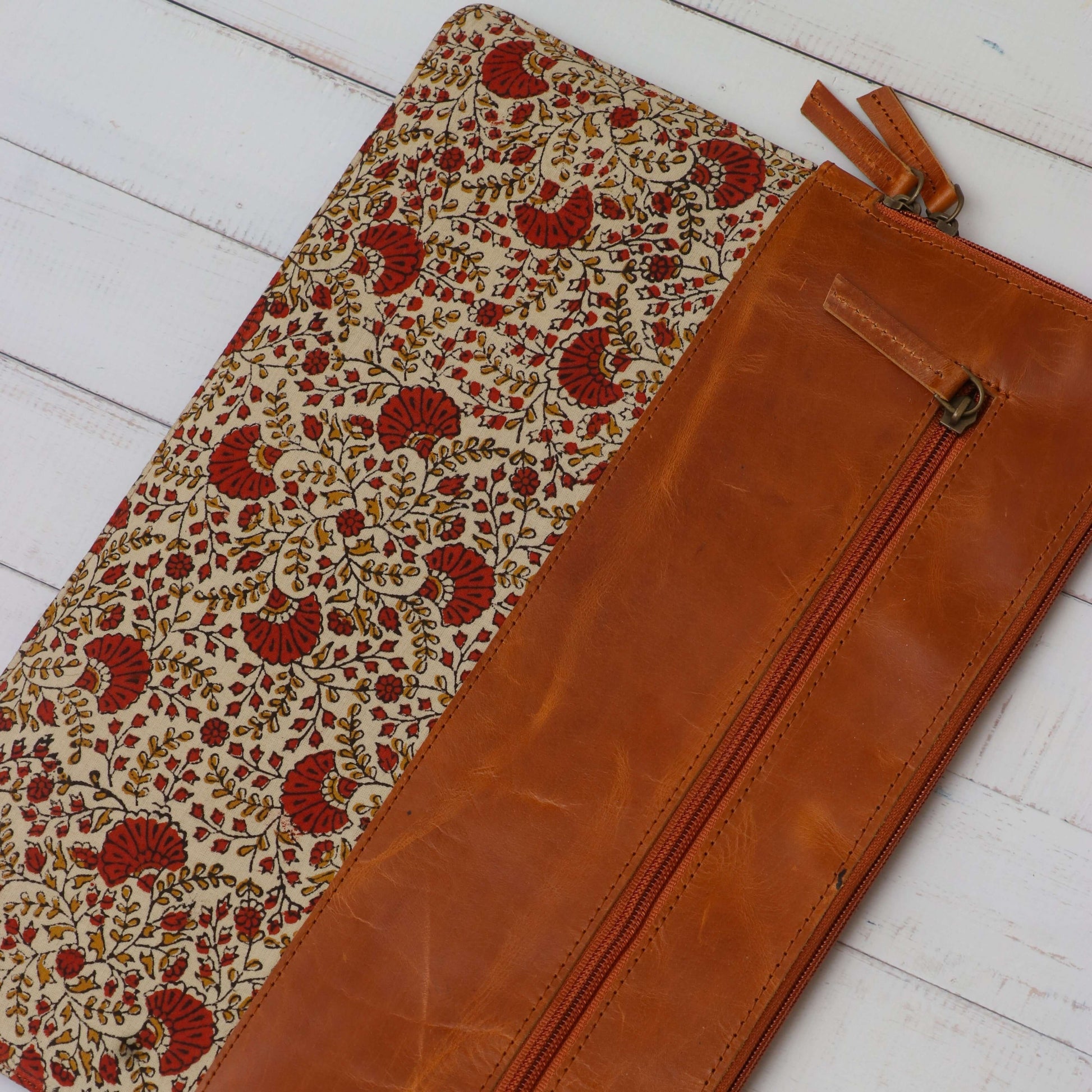 Leather with block print laptop sleeve Floral