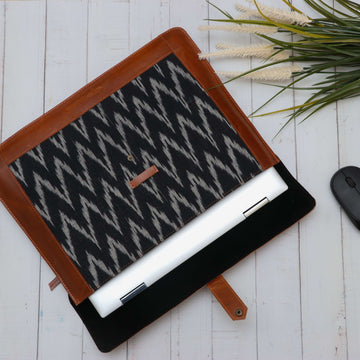 Leather and block print Laptop sleeve with flap closure
