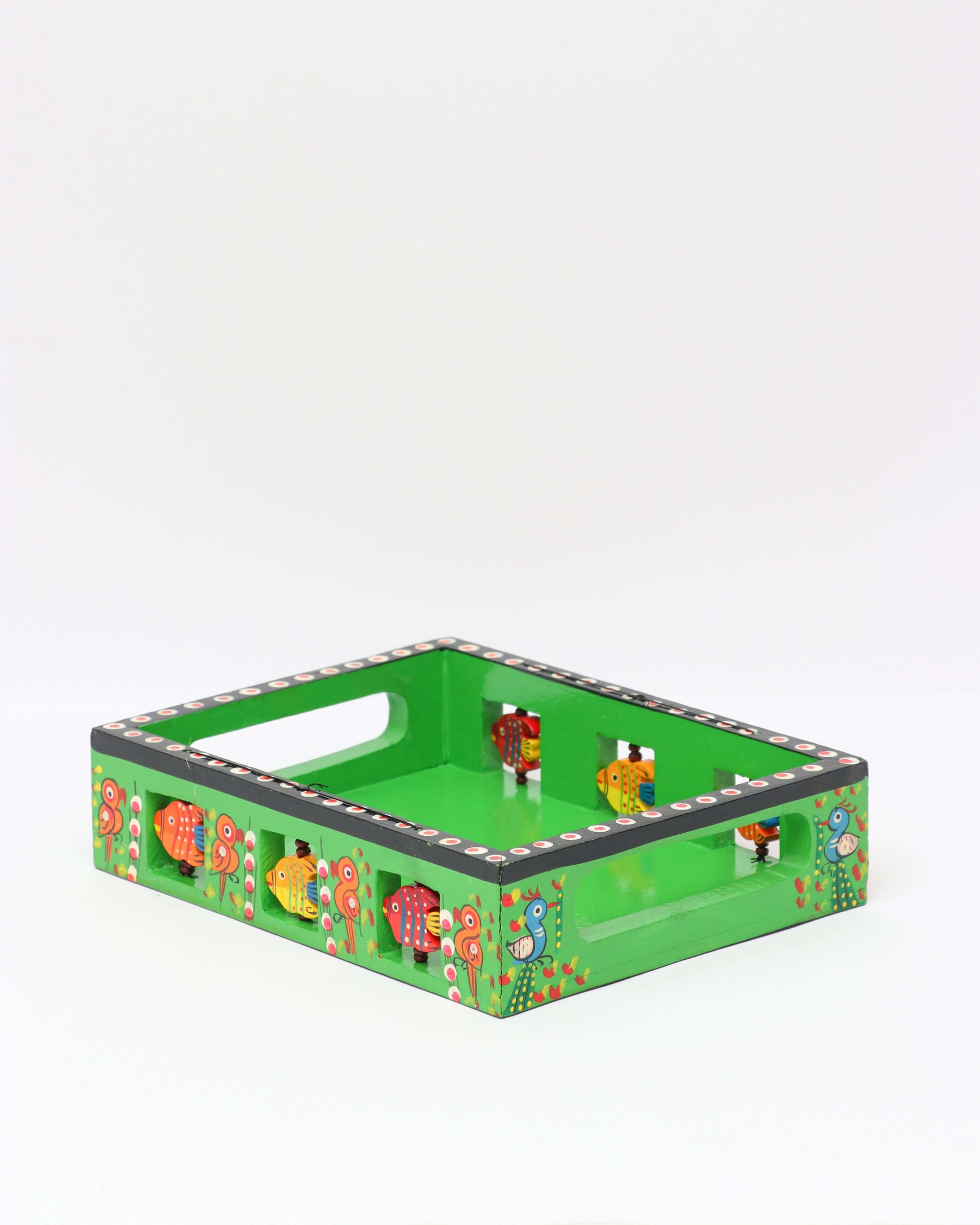 Green Handmade Handpainted Wooden Tray with artistic design