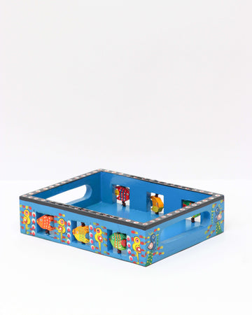 Blue Handmade Hand painted Wooden Tray with artistic design