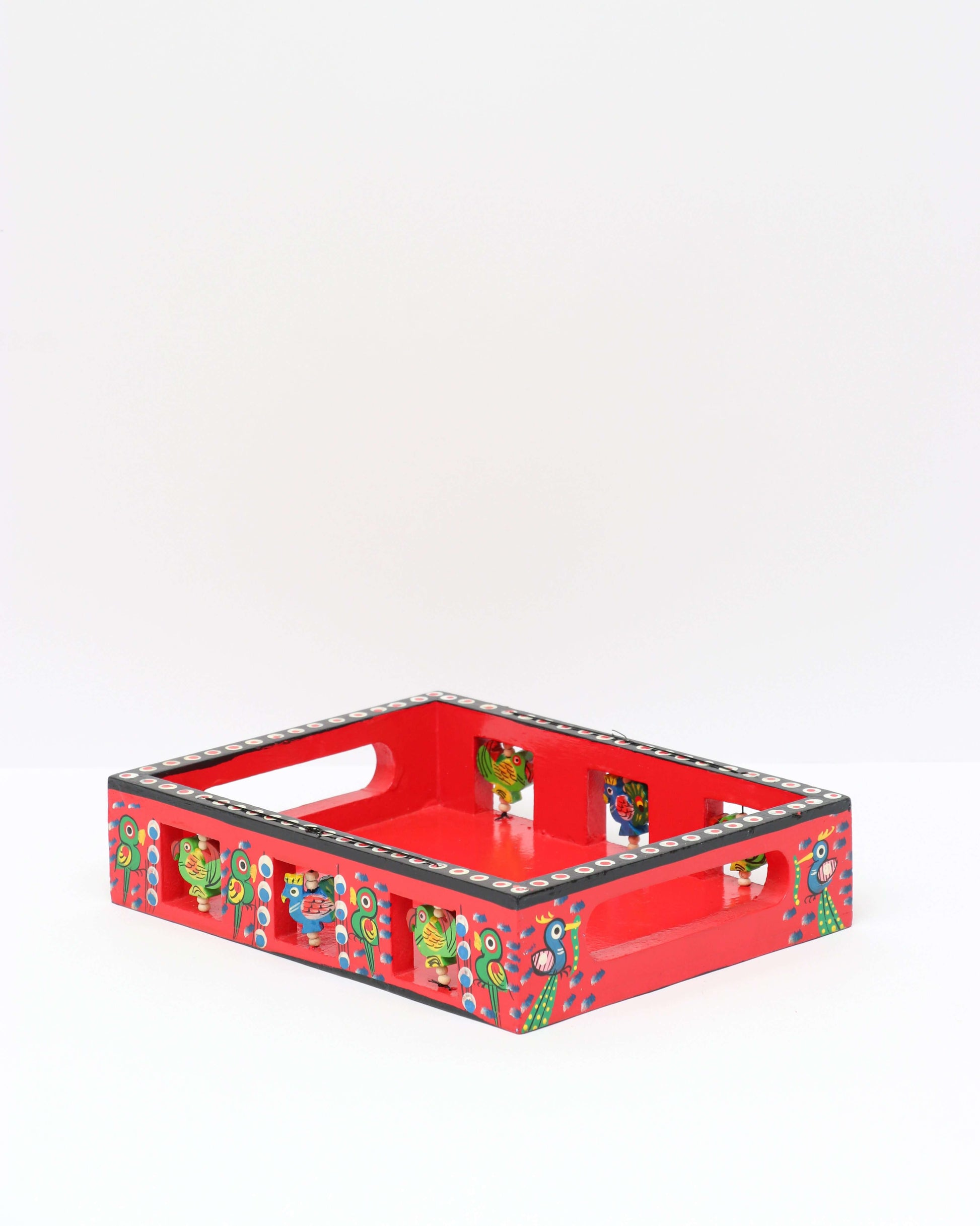 Red Handmade Handpainted Wooden Tray with artistic design