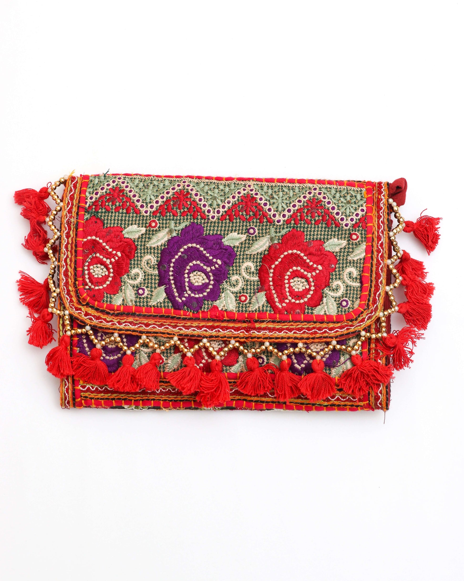 Red Color Handmade Embroidered purse with strap