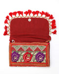 open red Handmade Embroidered purse with strap
