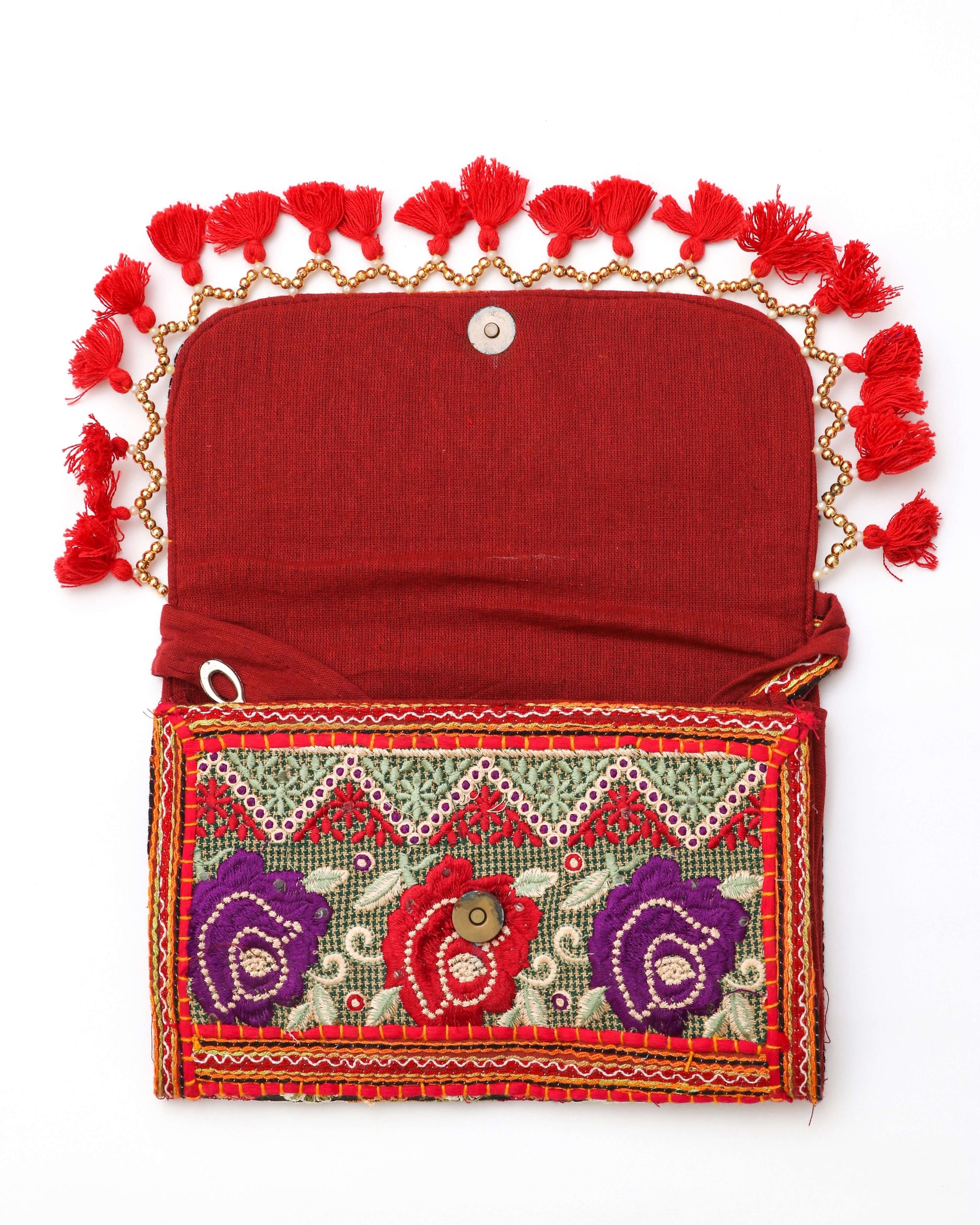 open red Handmade Embroidered purse with strap