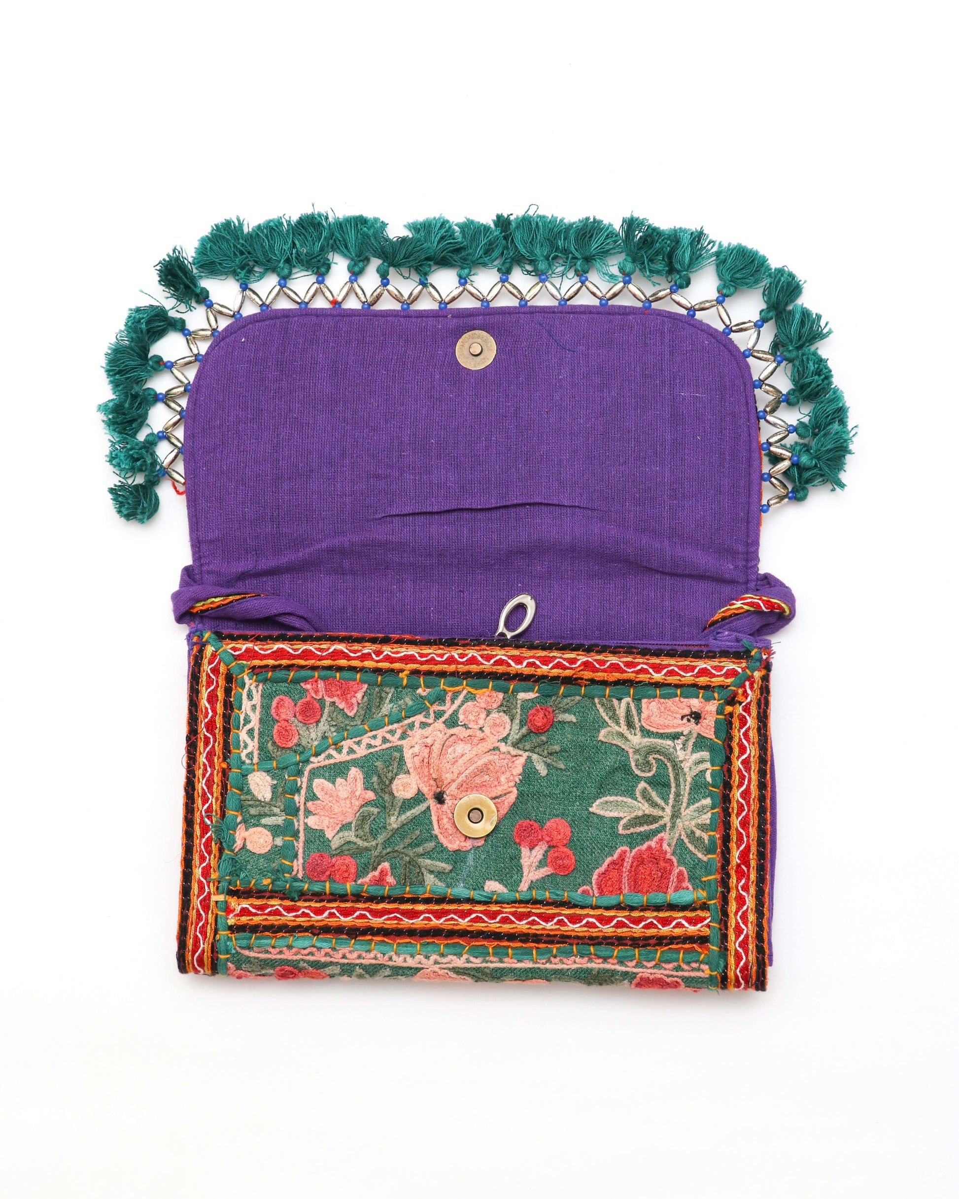 Purple color design Handmade Embroidered open purse with strap