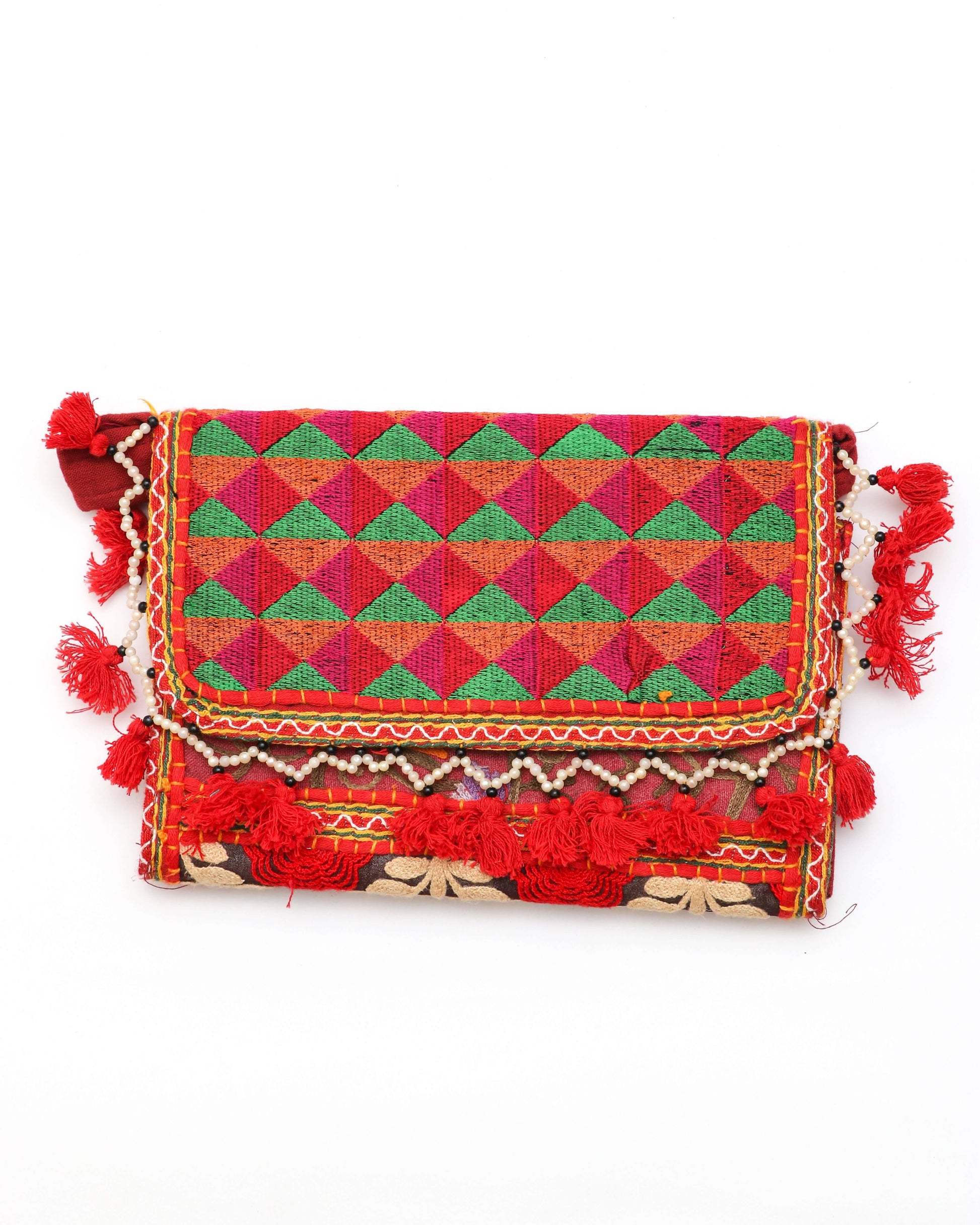 Red Design Handmade Embroidered purse with strap