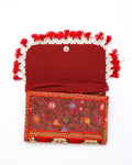 Dark red color designer Handmade Embroidered open purse with strap