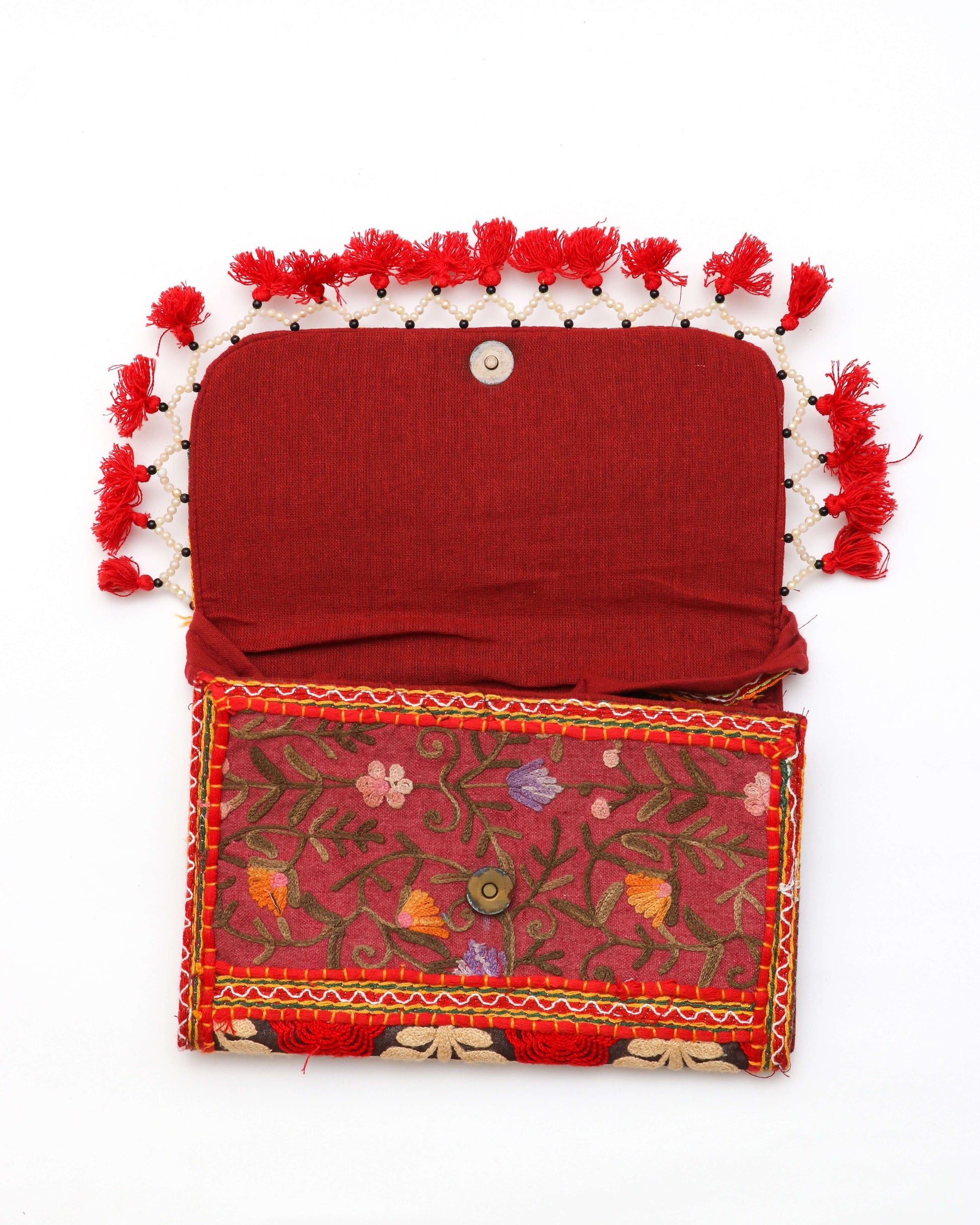 Dark red color designer Handmade Embroidered open purse with strap