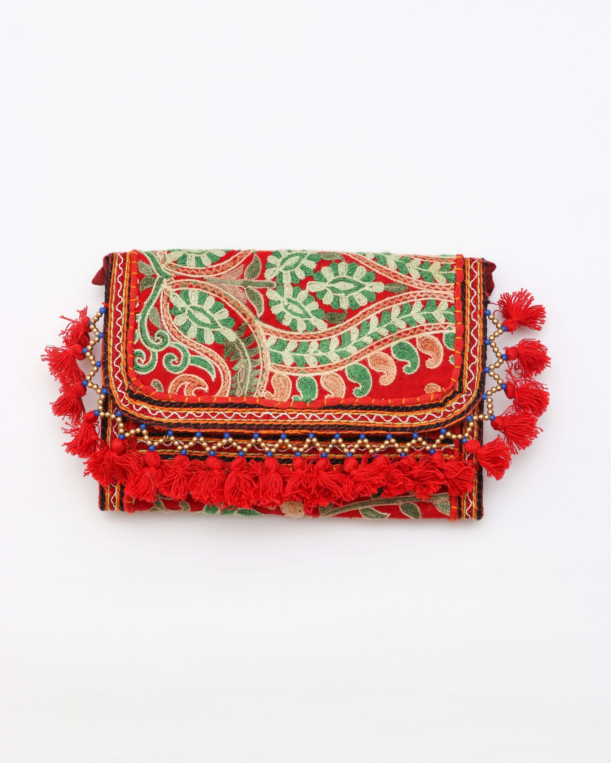 Dark Pink and green color design Handmade Embroidered purse with strap