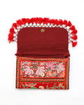 dark red color design Handmade Embroidered open purse with strap
