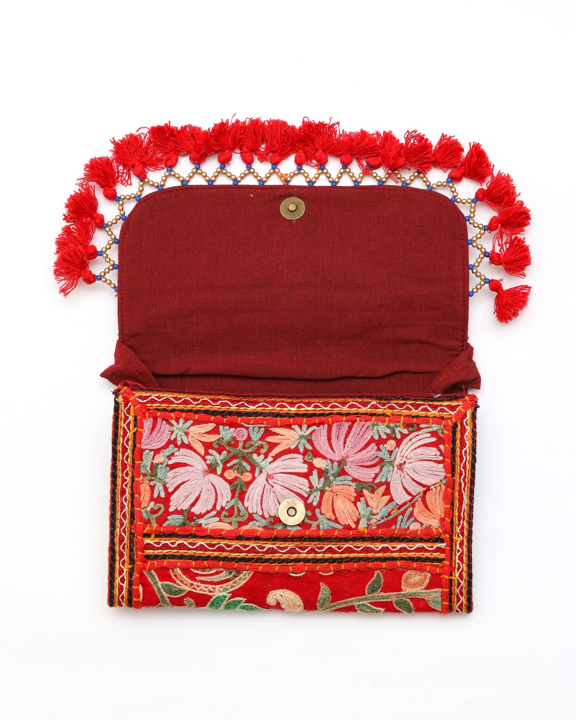 dark red color design Handmade Embroidered open purse with strap