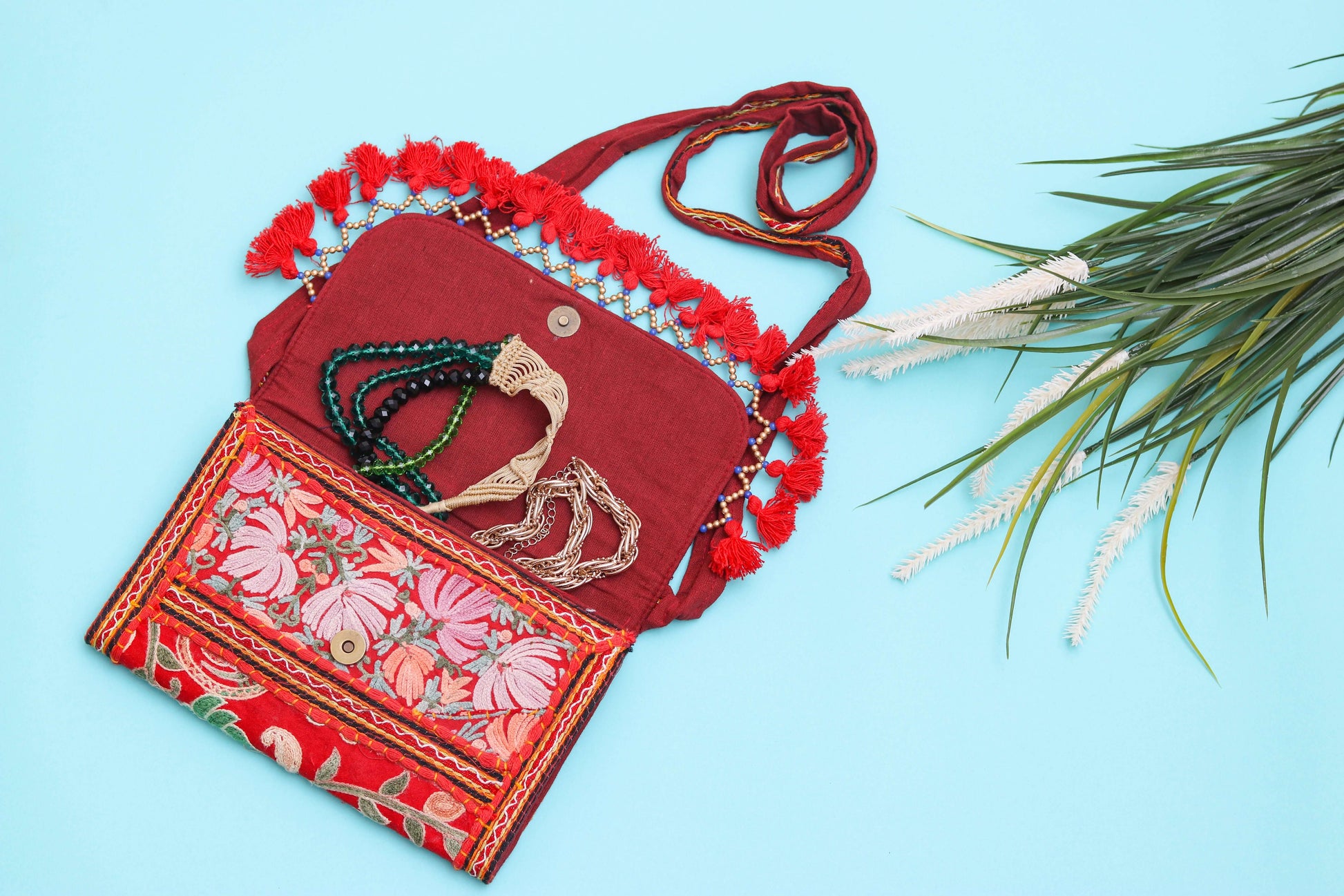 Red color design Handmade Embroidered open purse with malas in it