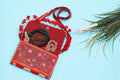 Dark red color design Handmade Embroidered open purse with malas in it
