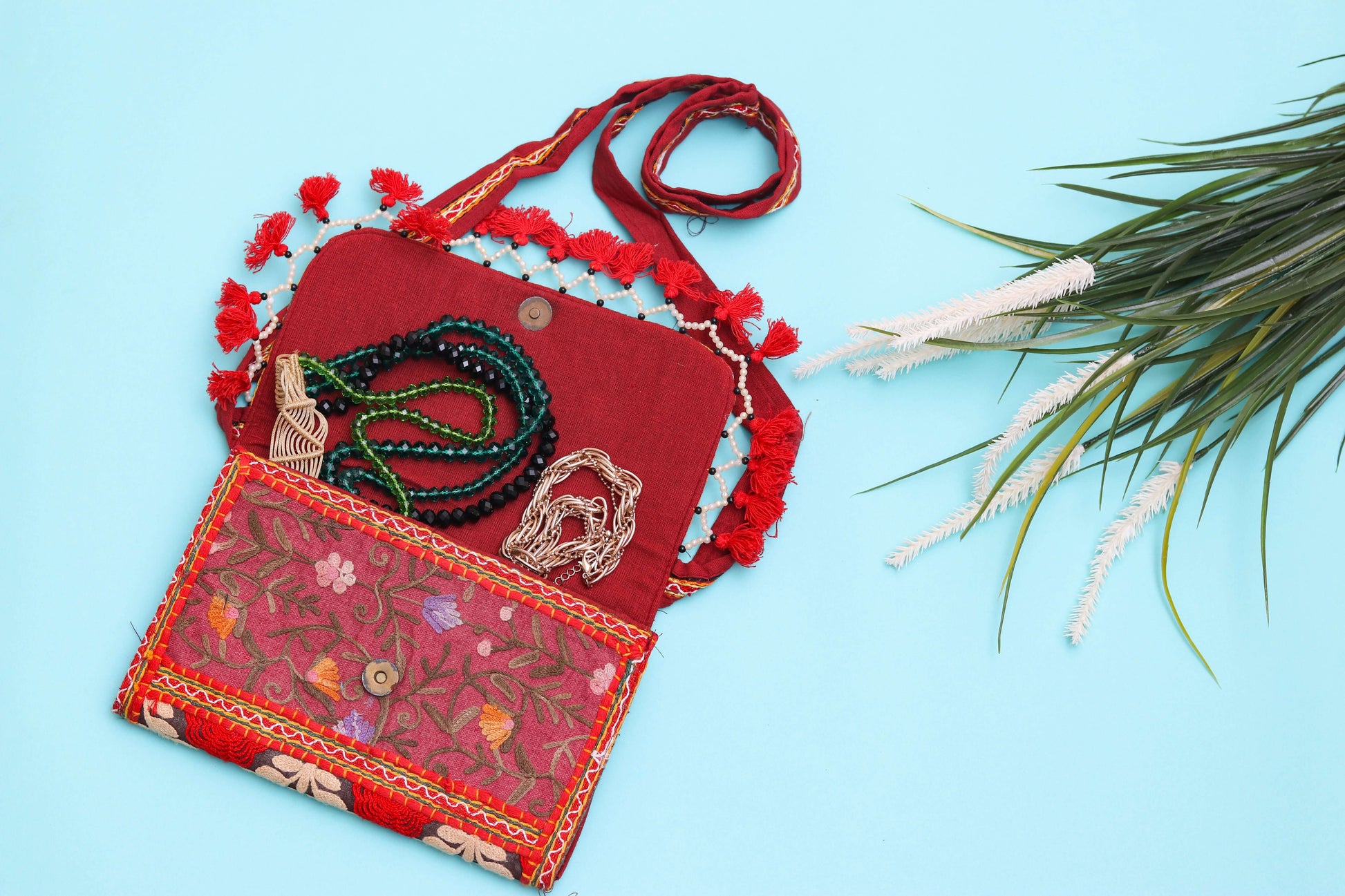 Dark red color design Handmade Embroidered open purse with malas in it