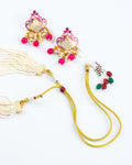 matching pair of earrings with the golden color chain of the pendant
