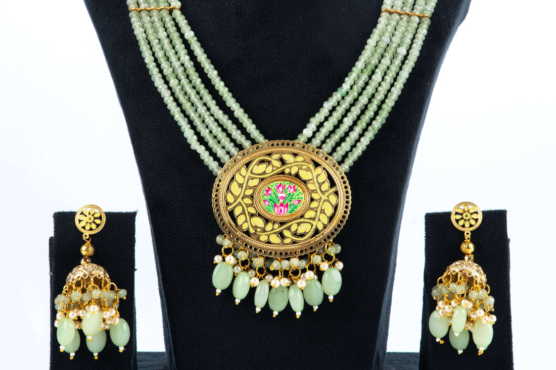 Long Necklace with Light Green Beads and Filigree Pendant
