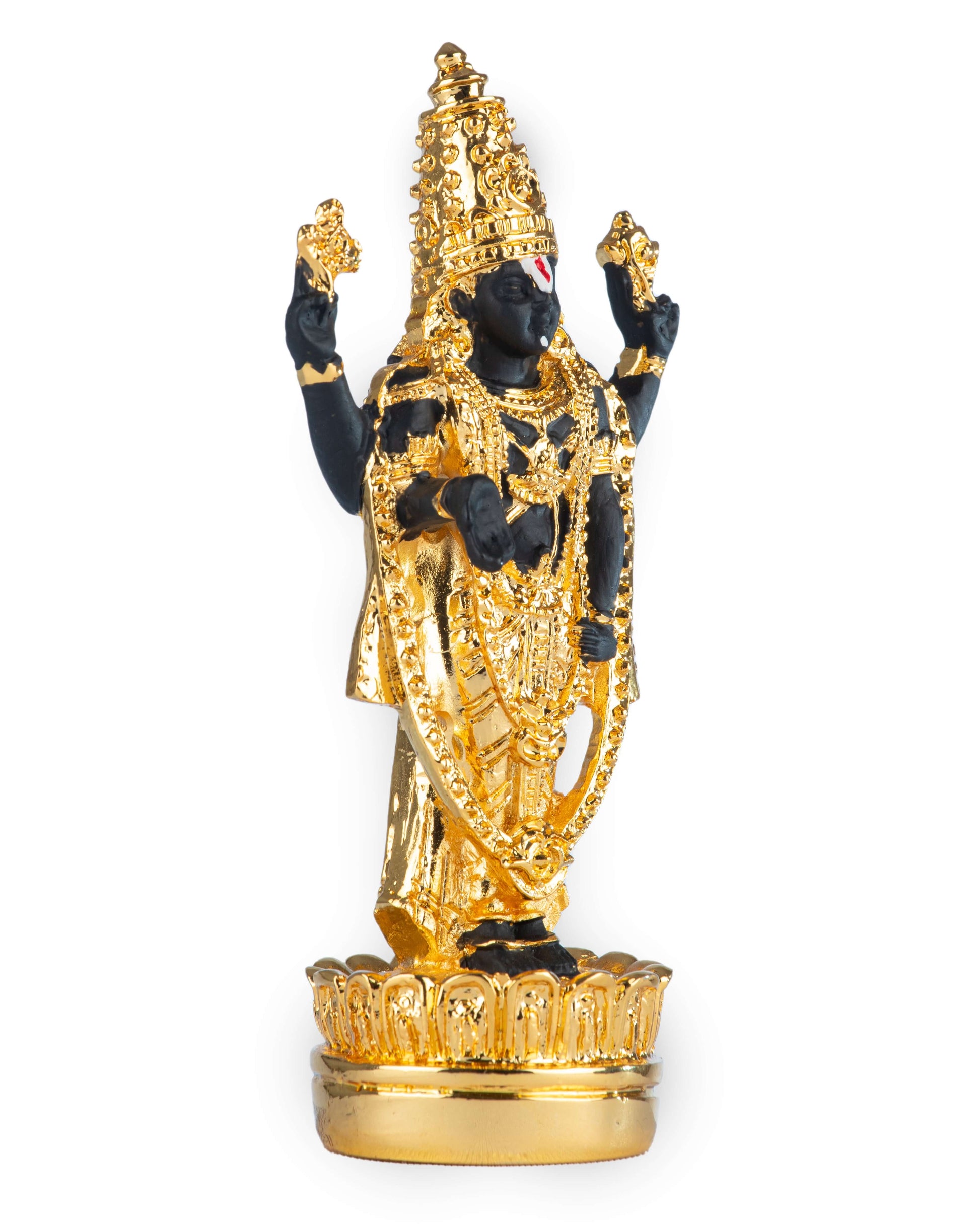 A black idol of Lord Venkateswara, also known as Tirupati Balaji, adorned with intricate gold-plated attire and crown, standing on a lotus-shaped base.