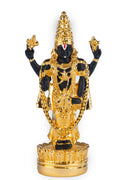 Gold-plated idol of Lord Venkateswara, also known as Balaji, standing on a lotus base with four arms holding sacred objects and adorned with traditional ornaments.