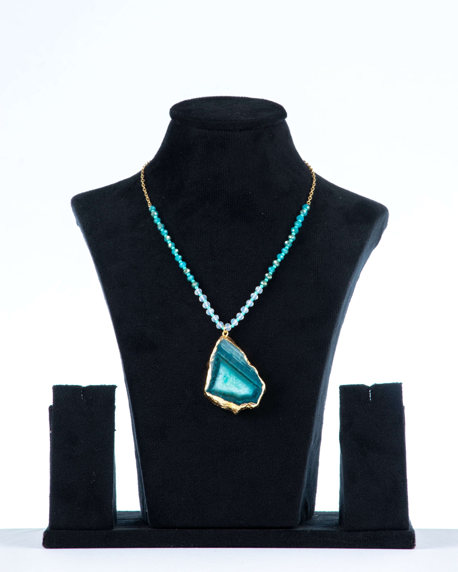 Half beaded blue agate necklace with blur lace