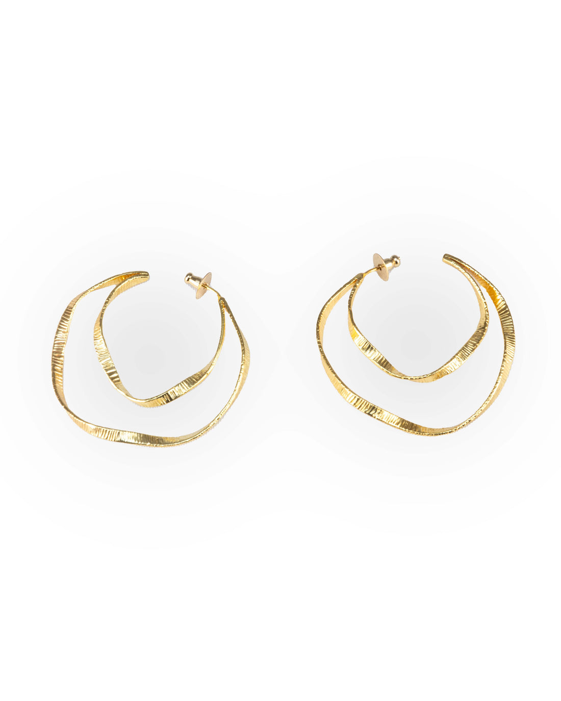 A pair of gold double twisty hoop earrings on a white background.