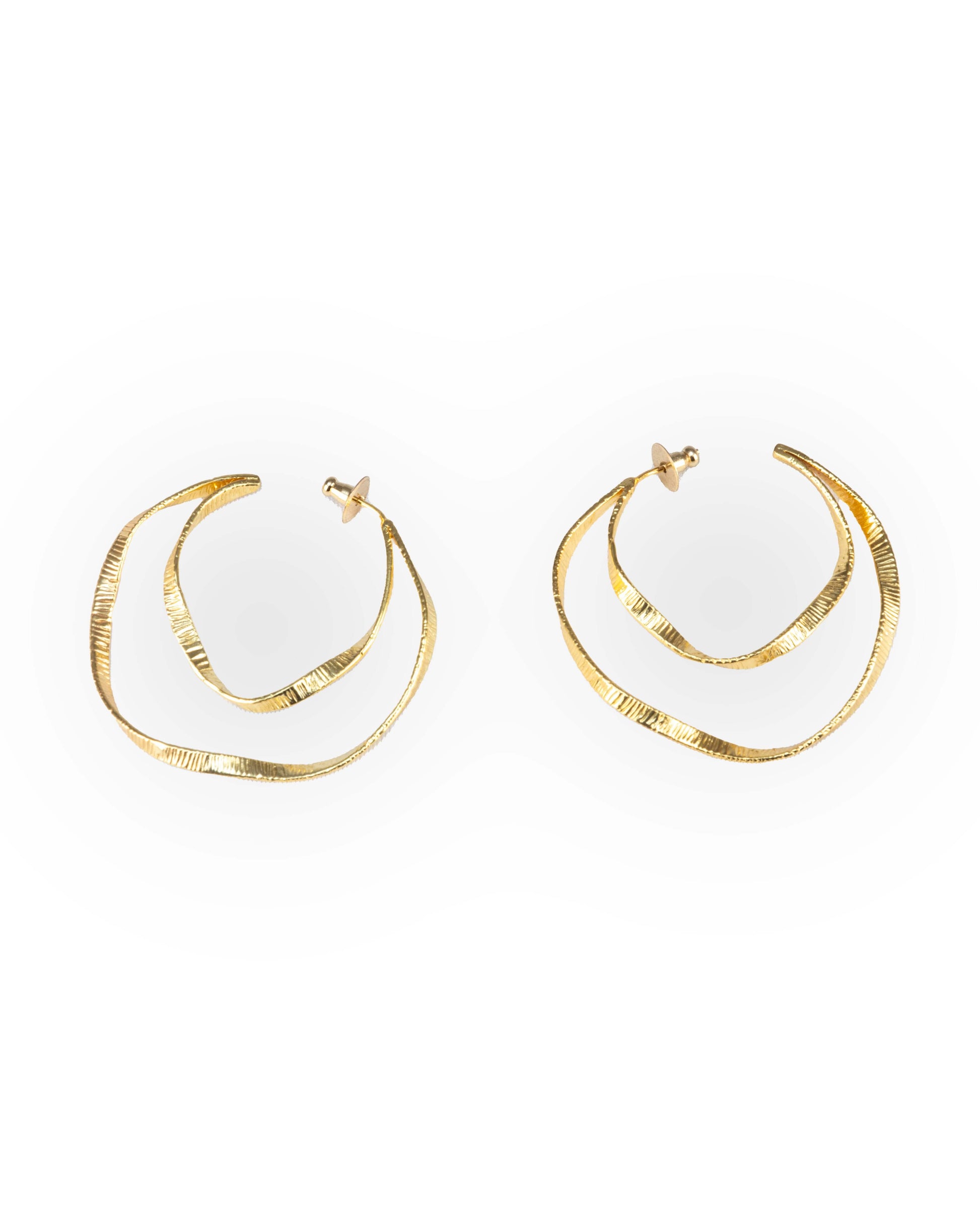 A pair of gold double twisty hoop earrings on a white background.