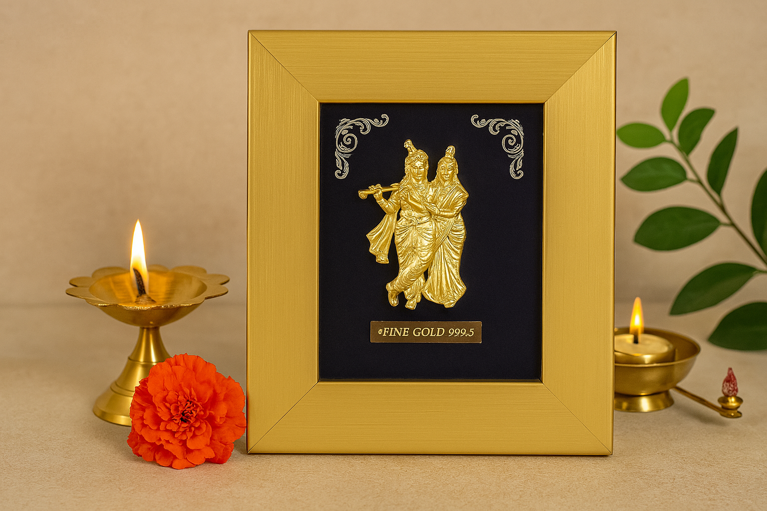 A close-up shot of a gold photo frame featuring a golden idol or depiction of Radha and Krishna, with "FINE GOLD 999.5" inscribed at the bottom. The frame is flanked by lit oil lamps (diyas) and a red marigold flower, against a light background with greenery on the right.