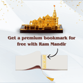 A gold-plated replica model of the Ram Mandir from Ayodhya, India, presented on a dark base, with a white and gold bookmark featuring the text