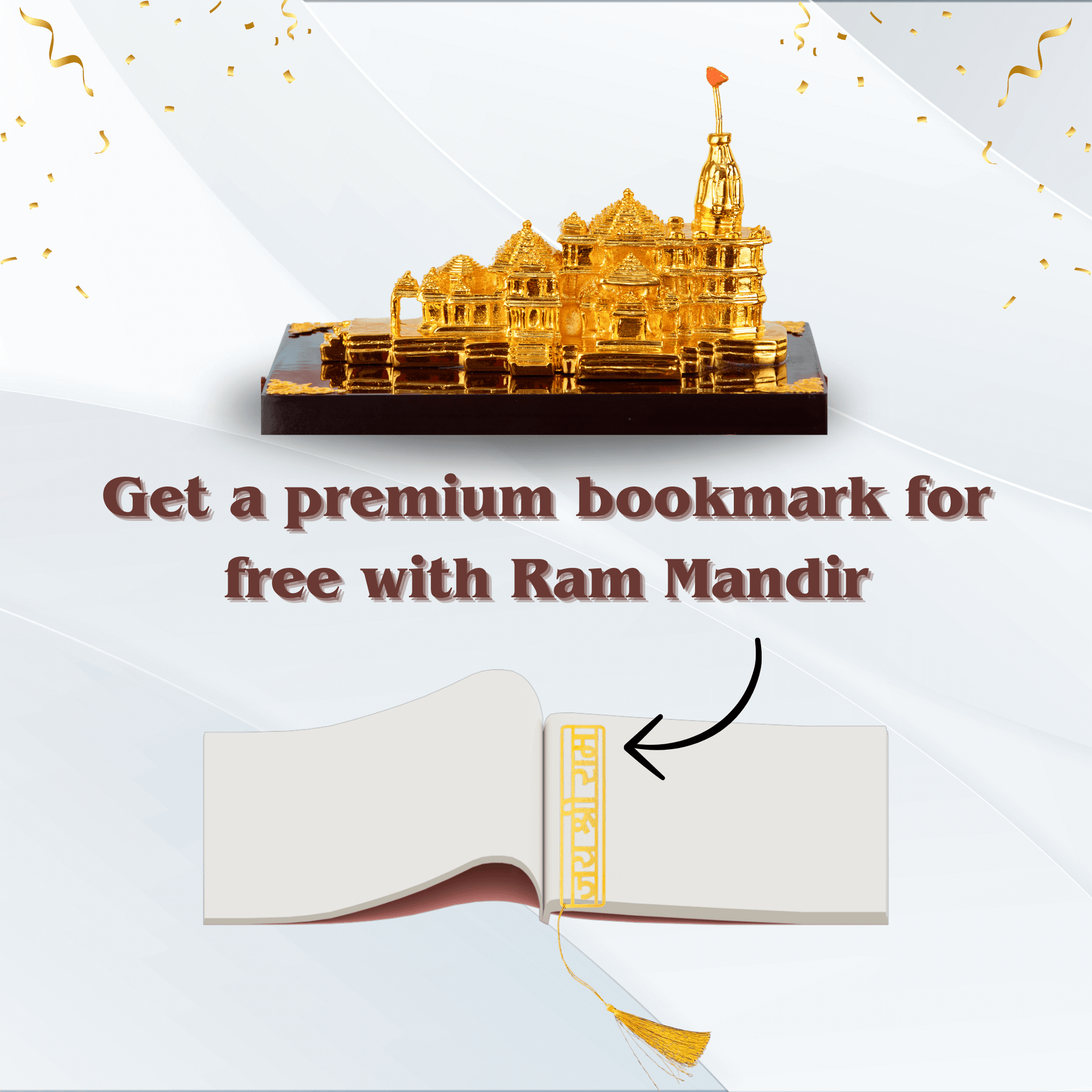 A gold-plated replica model of the Ram Mandir from Ayodhya, India, presented on a dark base, with a white and gold bookmark featuring the text "Jai Shri Ram" and a golden tassel, being offered as a free premium item with the purchase of the Ram Mandir model.