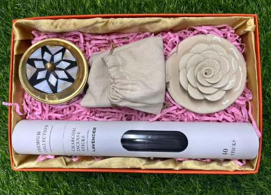 Charming Diwali Gifting Combo: Incense Tube, Holder, Mother of Pearl Trinket & Sweets