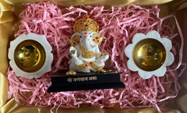 Elegant Ganesh Idol with 2 Stunning Marble Diya