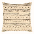 A square cushion cover with a tribal or mud cloth-inspired design. The cover is a light, natural color with alternating horizontal bands of black geometric patterns, including zig-zags, dots, and intricate linear motifs.