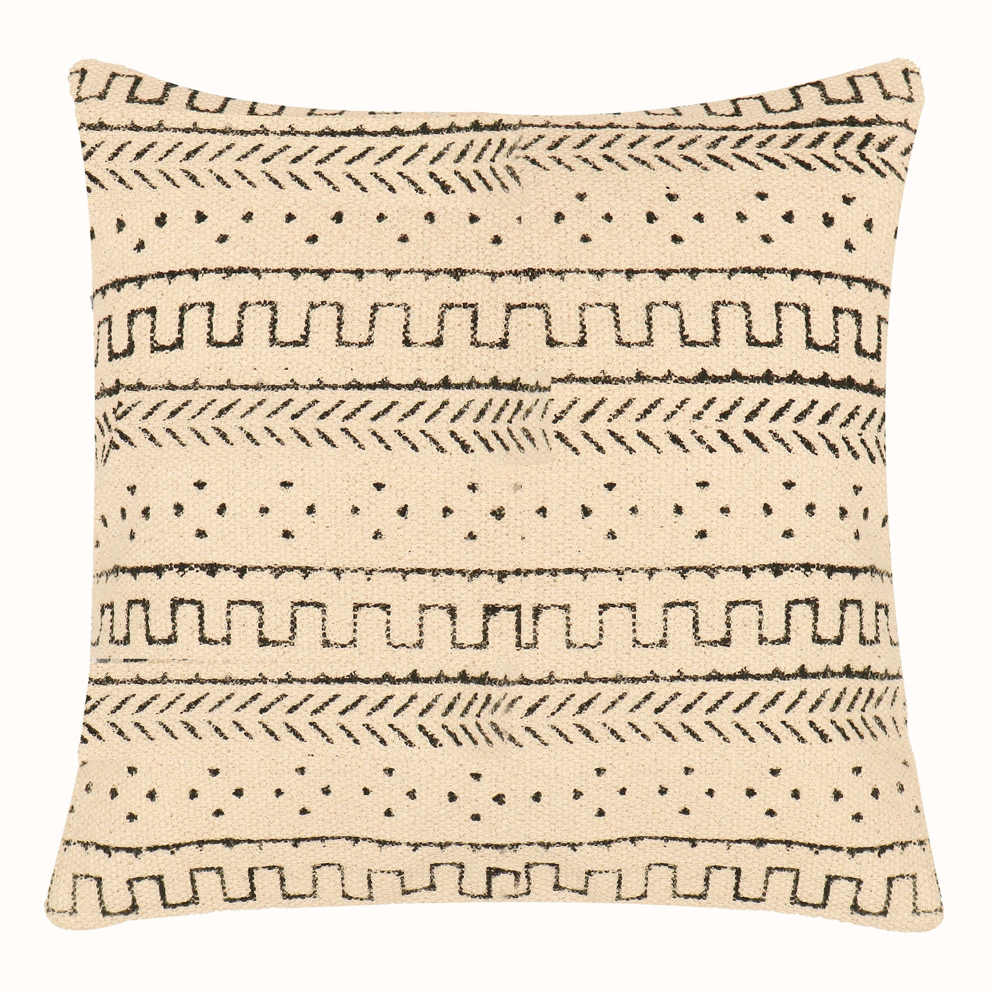 A square cushion cover with a tribal or mud cloth-inspired design. The cover is a light, natural color with alternating horizontal bands of black geometric patterns, including zig-zags, dots, and intricate linear motifs.