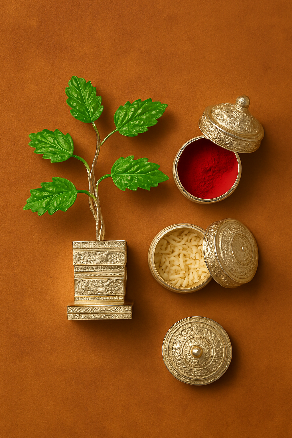 Decorative metal containers with red and yellow contents on a brown background.