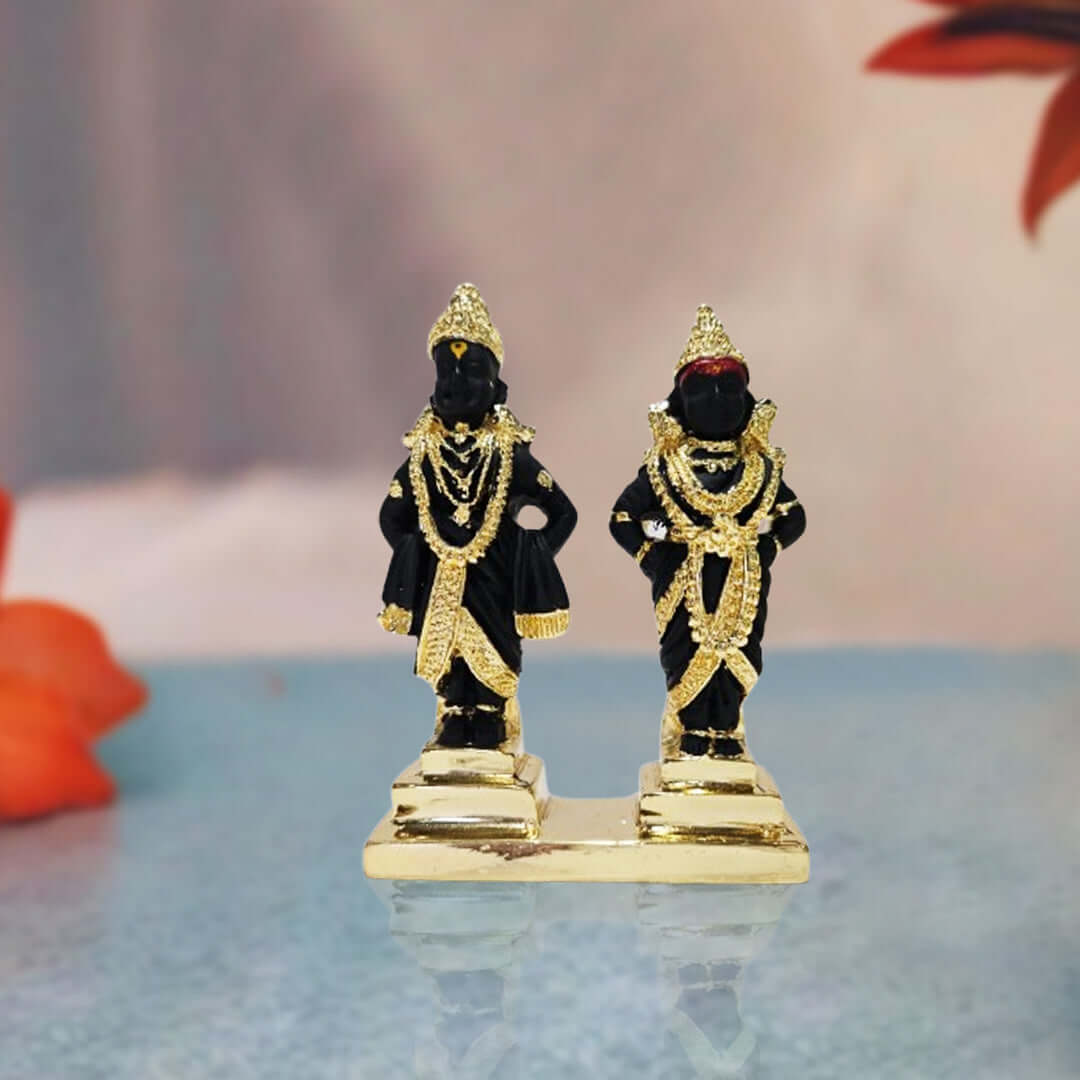 Detailed black idol of Lord Vitthal and Rukmini adorned with intricate golden jewelry and crowns, standing on a polished surface