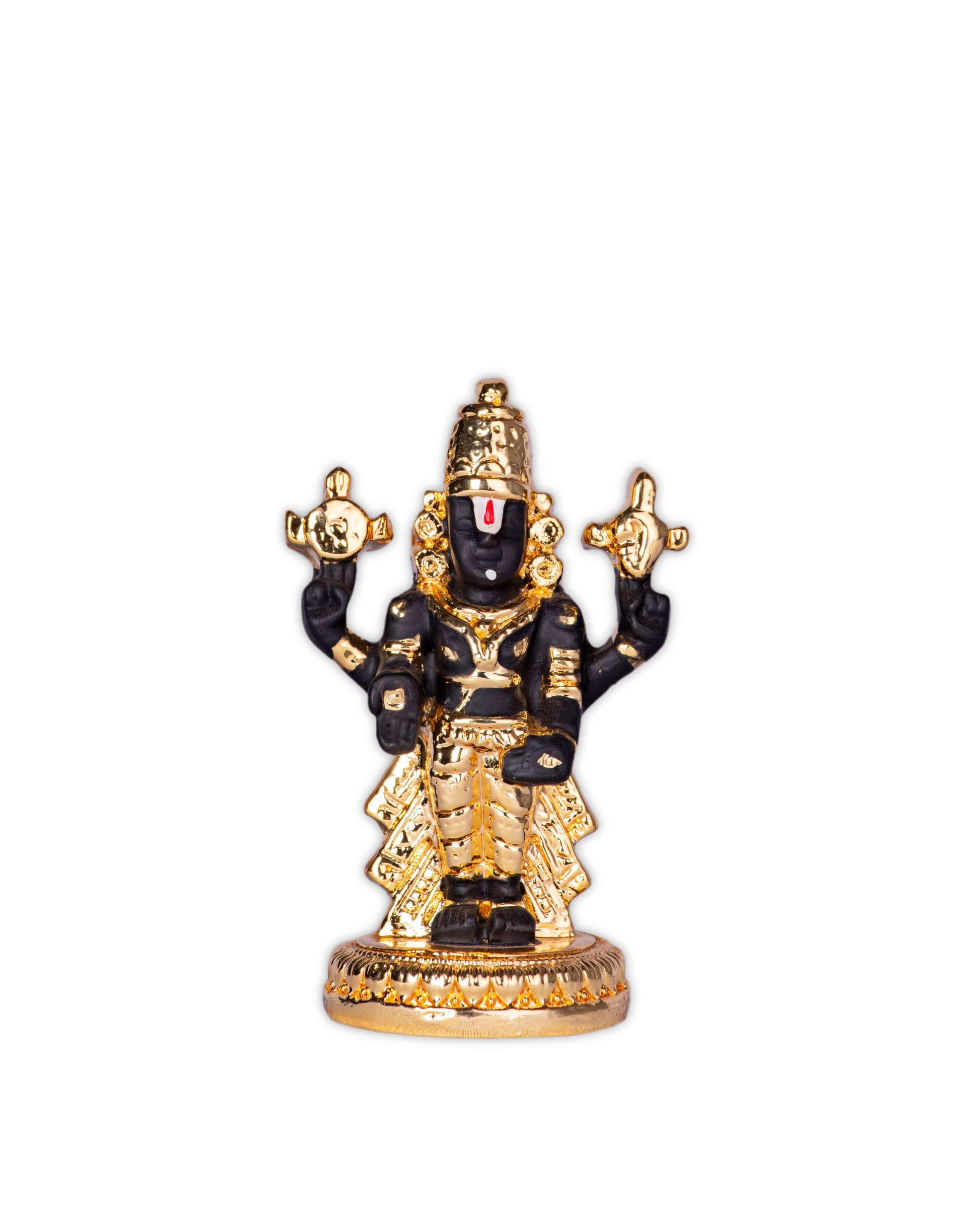 A black and gold idol of Lord Venkateswara, also known as Balaji, standing on a golden base.