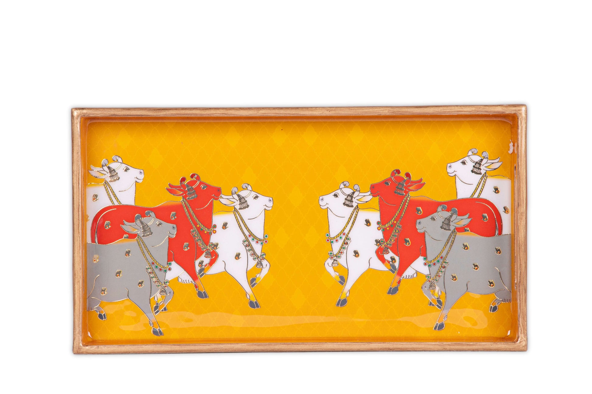 Yellow Wooden Pichwai Cow Tray with traditional design
