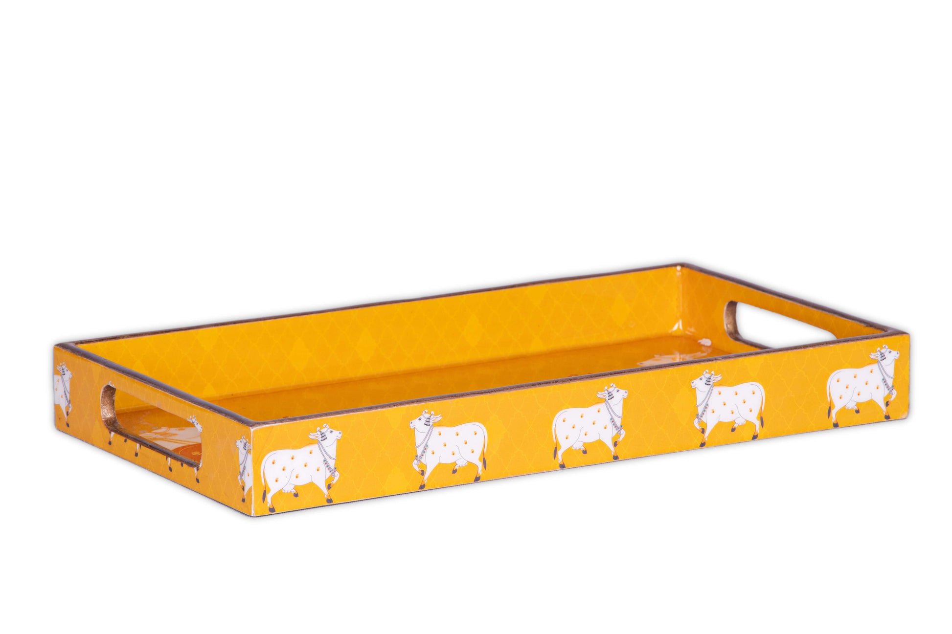 Yellow Wooden Pichwai Cow Tray with traditional design