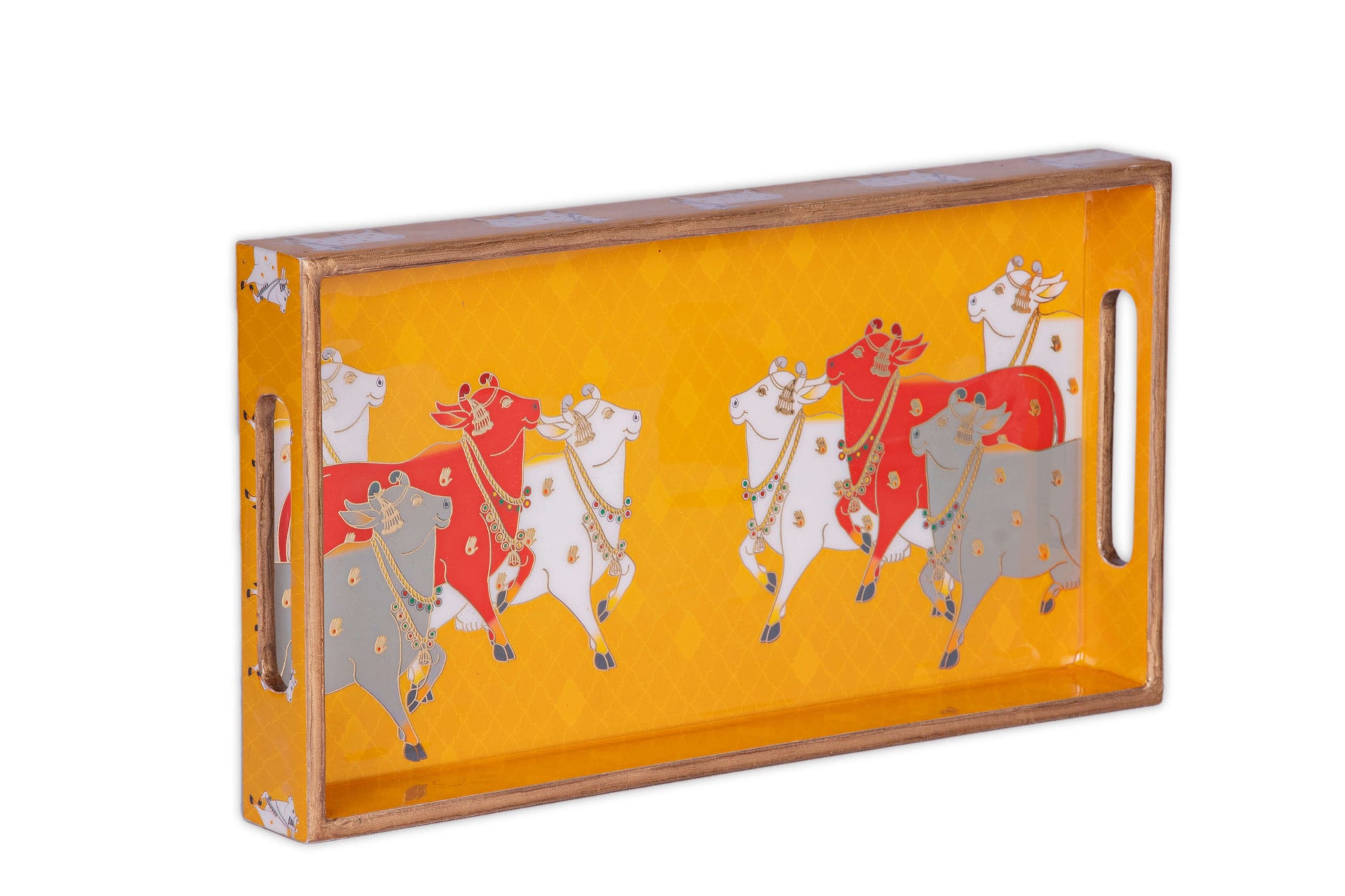 yellow Wooden Pichwai Cow Tray with traditional design