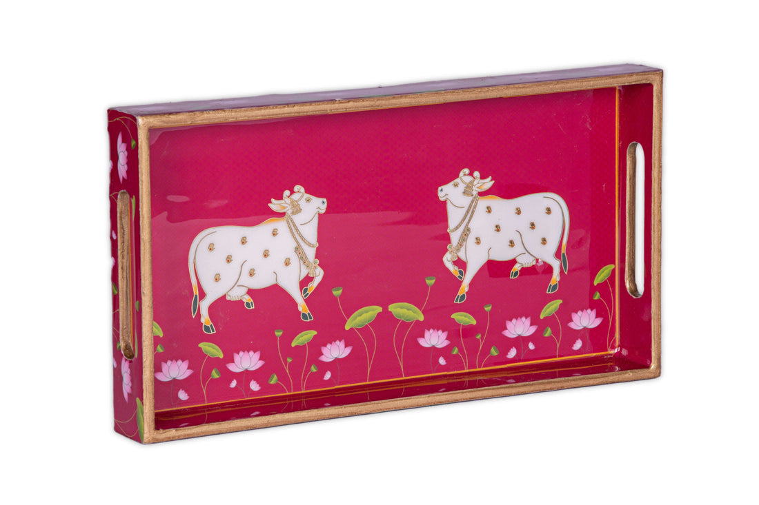 pink Wooden Pichwai Cow Tray with traditional design