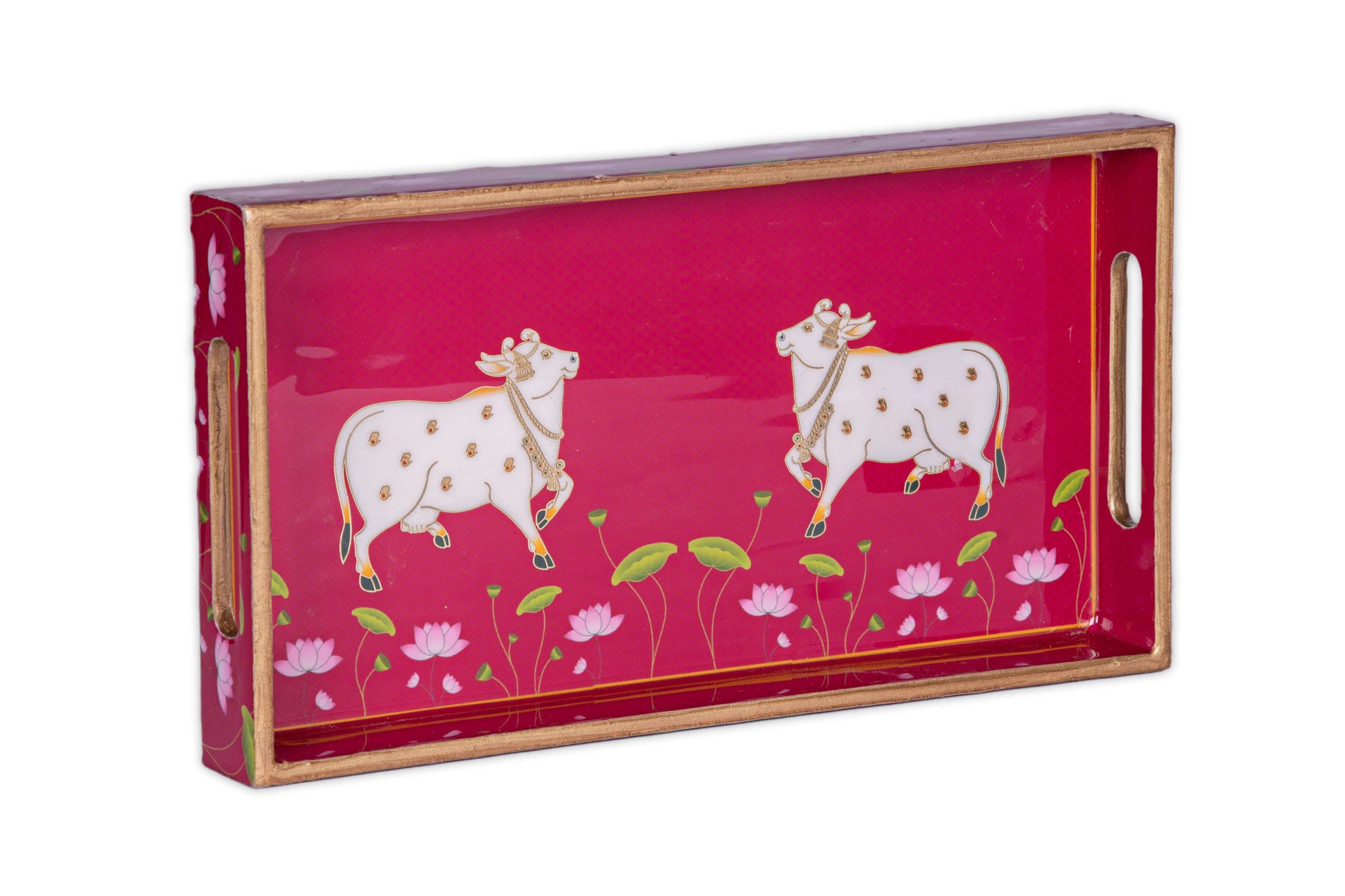 pink Wooden Pichwai Cow Tray with traditional design