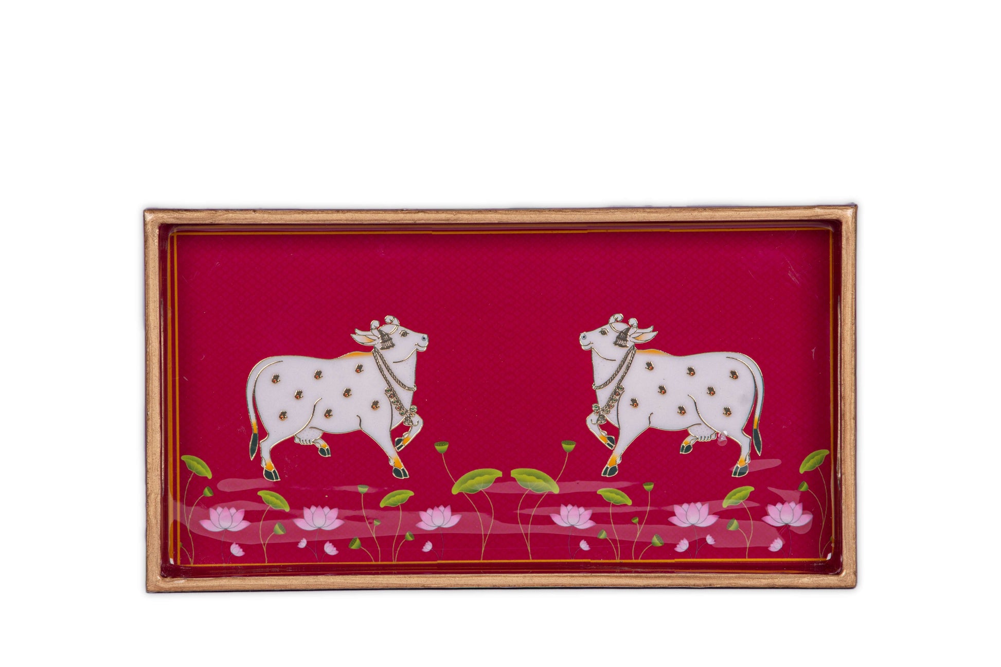 Pink Wooden Pichwai Cow Tray with traditional design