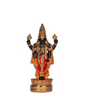 A gold-plated statue of Lord Venkateswara (Tirupati Balaji) with a dark complexion, adorned with traditional golden jewelry and red and gold garments, holding the Shankha (conch) and Chakra (discus) in his upper hands, standing on a lotus pedestal.