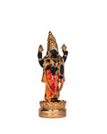 A black and gold-plated statue of Lord Venkateswara, also known as Tirupati Balaji, standing on a golden lotus base. The idol features intricate gold details on the crown, jewelry, and clothing, with a prominent orange and red drape.