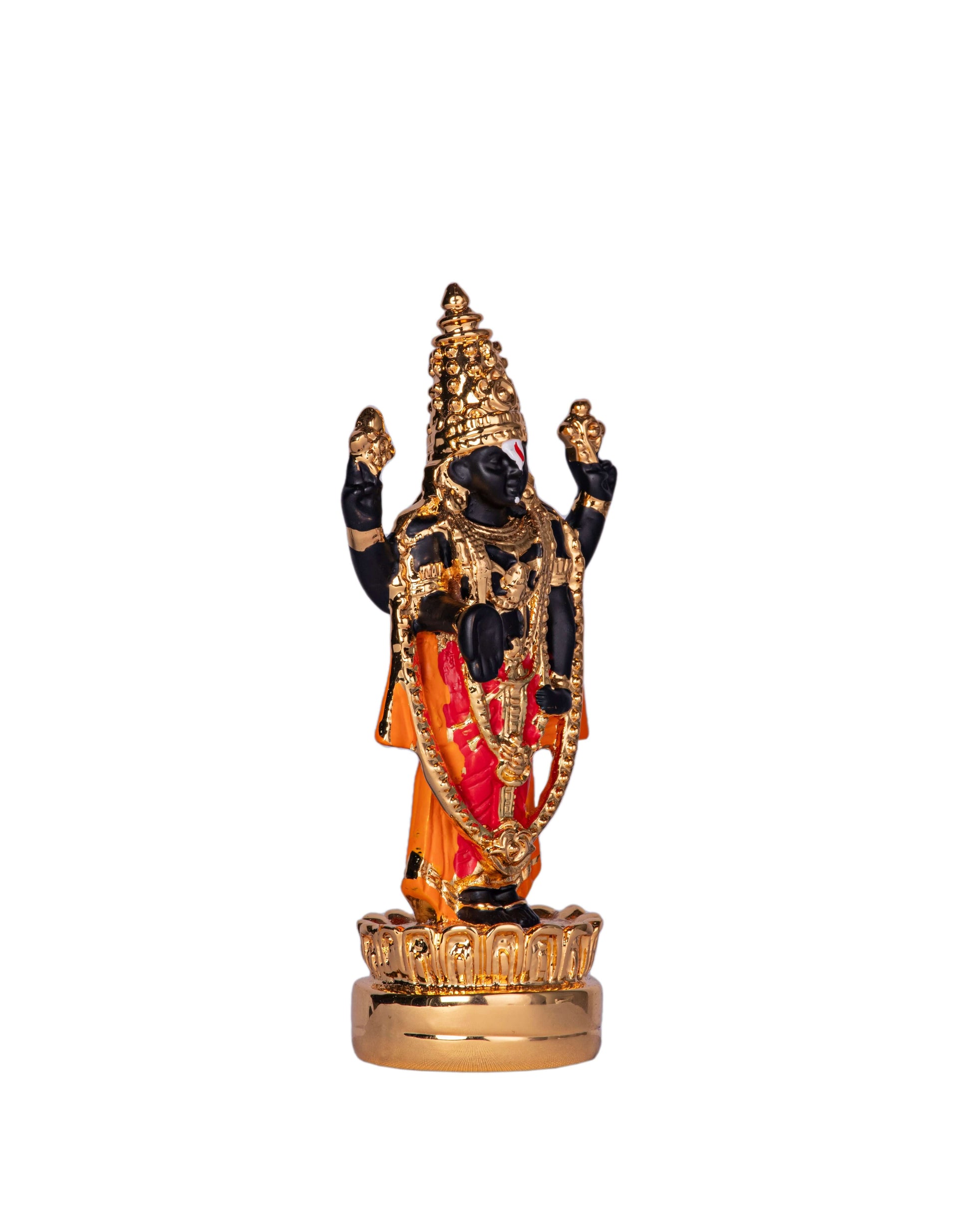 A black and gold-plated statue of Lord Venkateswara, also known as Tirupati Balaji, standing on a golden lotus base. The idol features intricate gold details on the crown, jewelry, and clothing, with a prominent orange and red drape.
