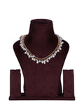 A gold-toned choker necklace with hanging teardrop pearls and small blue beads, displayed on a brown jewelry bust. The necklace features a fringe-like design of pearls along its lower edge. This is a related style of necklace to a Long Baroque pearl and MOP Shell pearl Necklace.