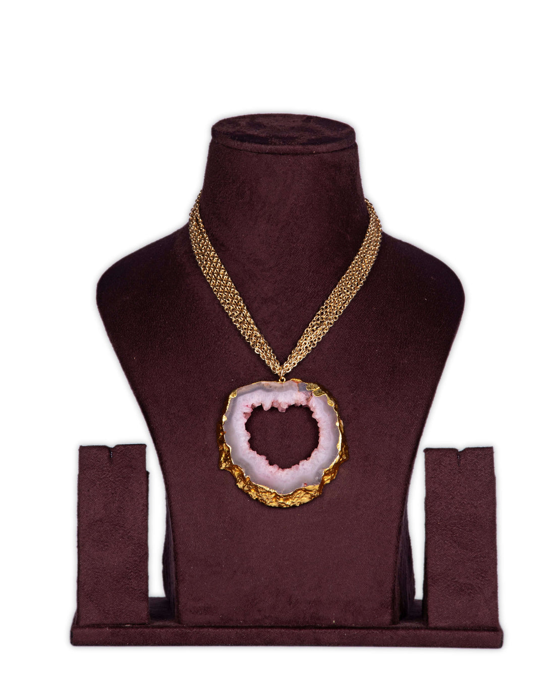 Rose Quartz Large Semi Precious Statement Necklace with Multi Rows Fine Brass Chains in 18K Gold Finish .